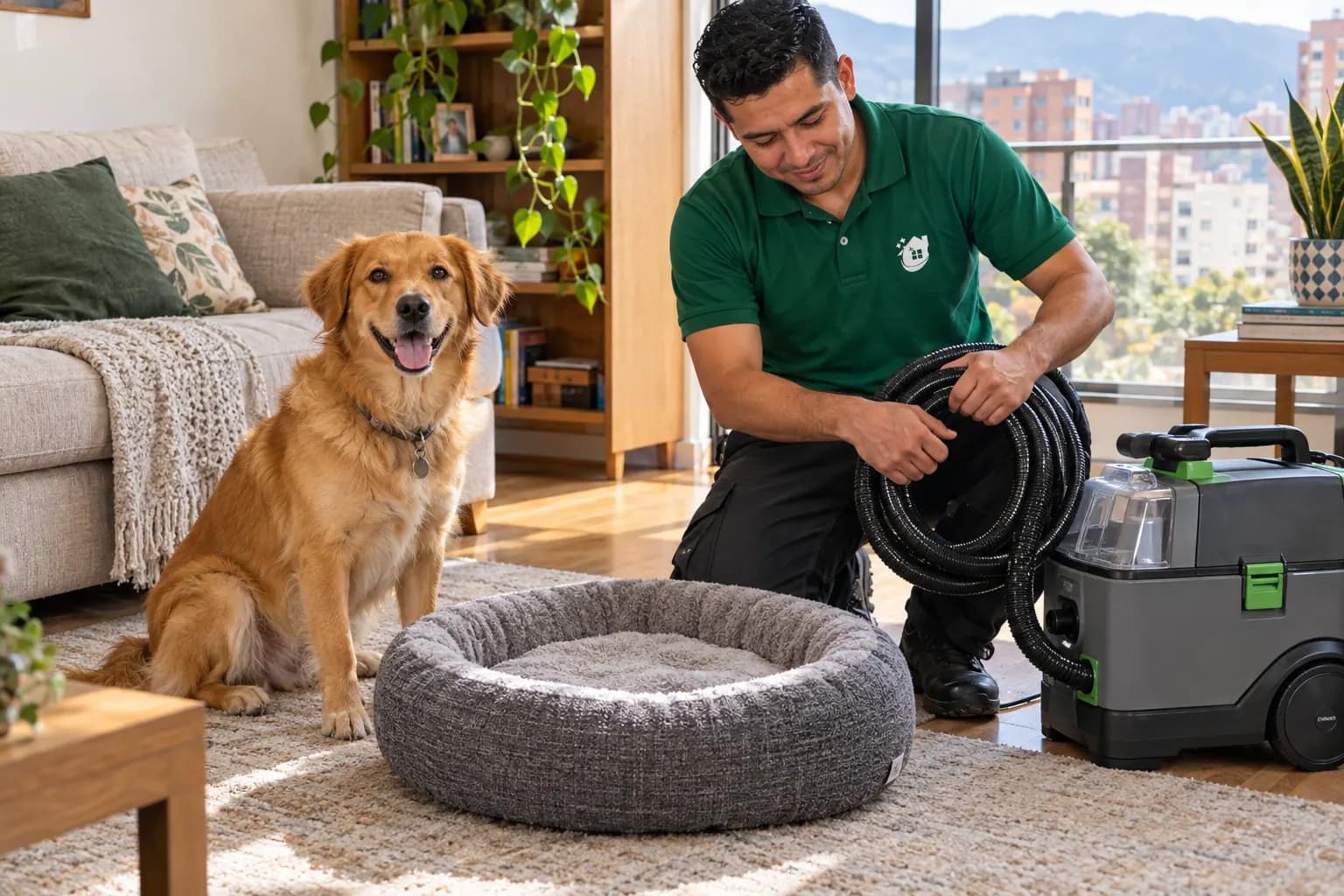 Perro junto a su cama recién lavada