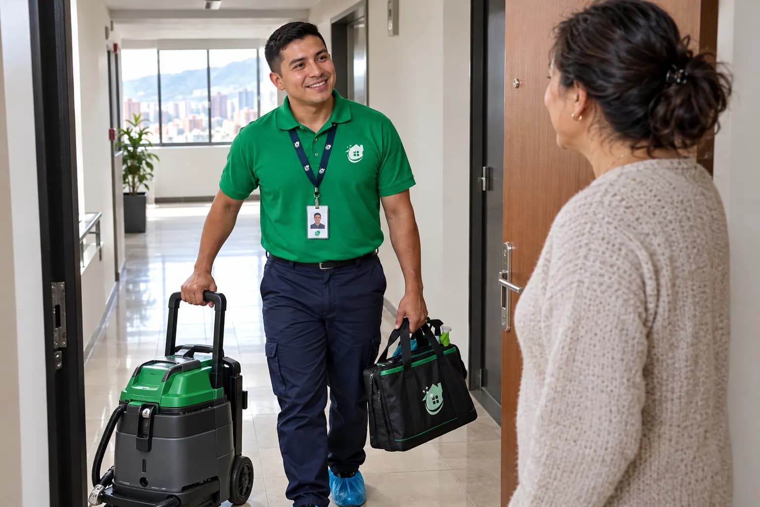 Técnico con su equipo llegando a la puerta de un apartamento